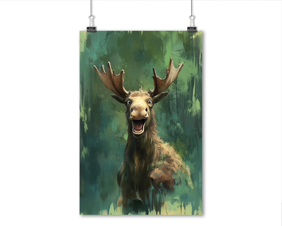 Laughing Moose Happy Wild Forest Animal Painting Green Canvas Poster - Image 5