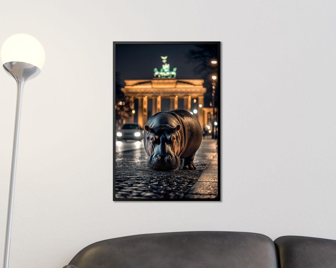 Hippo on Cobblestone Street Berlin Night Brandenburg Gate Wall Art - Image 3
