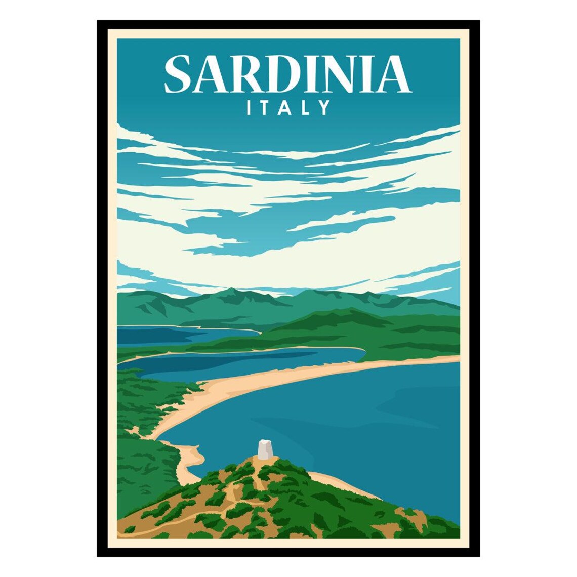 Sardinia Italy Vintage Travel Poster Turquoise Coast Seaside Art