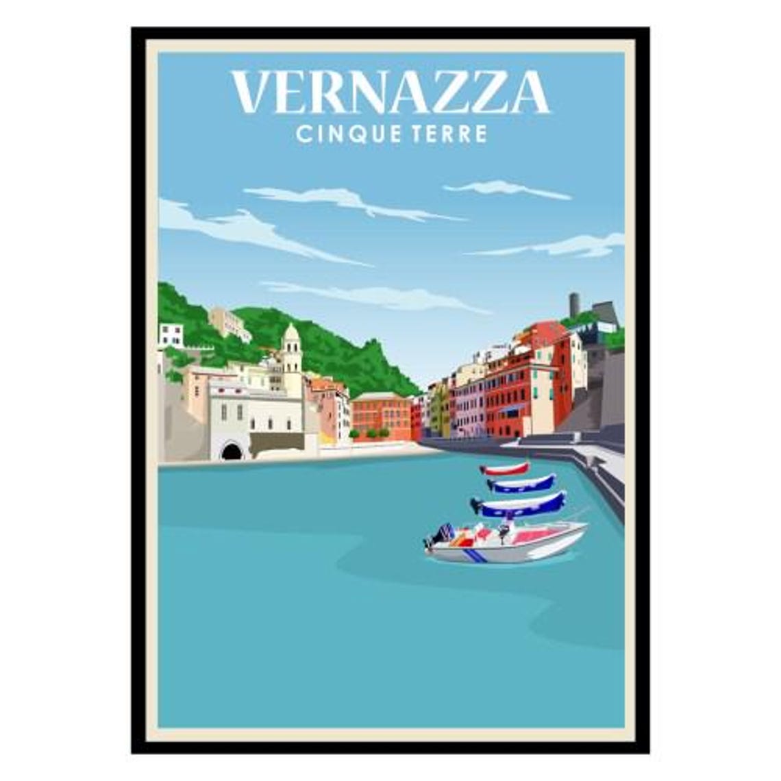 Vernazza Cinque Terre Italy Retro Travel Poster with Harbor Boats
