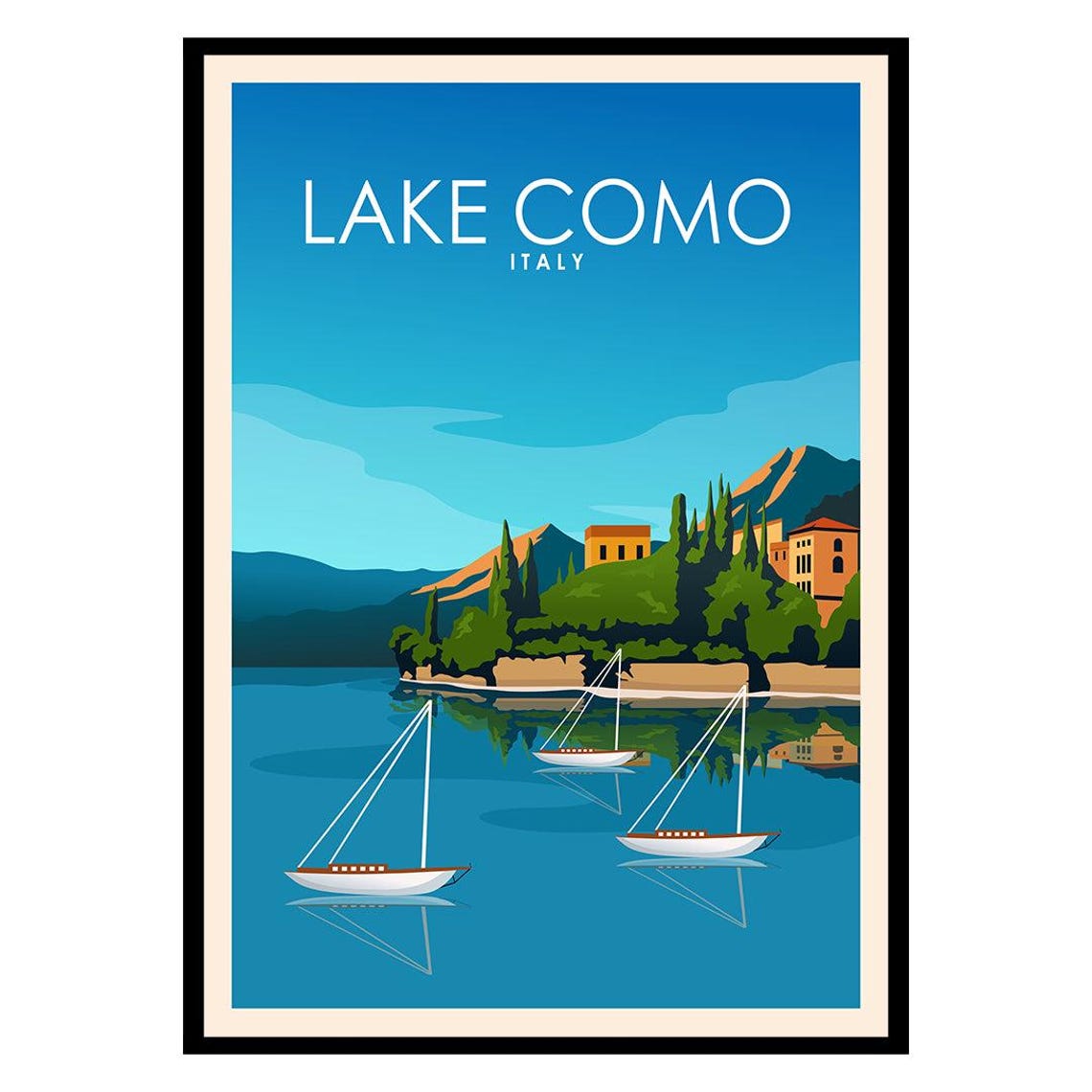 Lake Como Italy Vintage Travel Poster Sailboats Lakefront Art