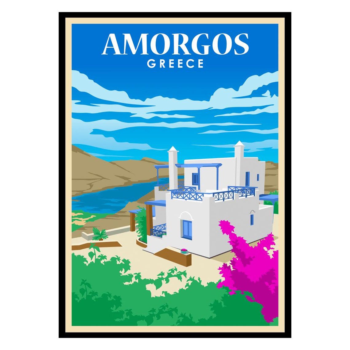 Amorgos Greece Whitewashed Villa Bougainvillea Vintage Travel Poster