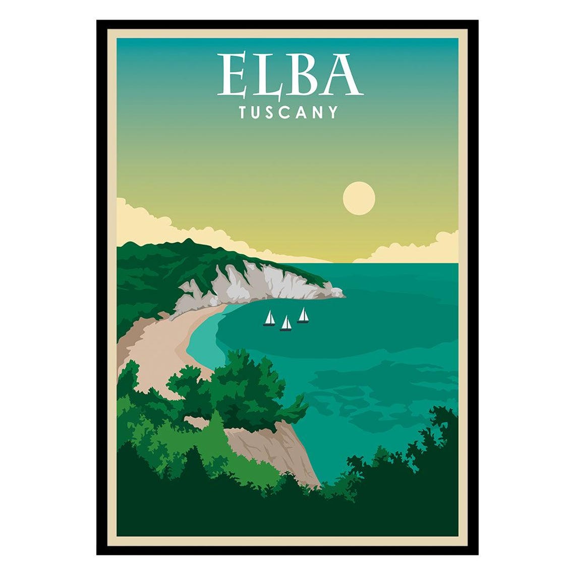 Elba Tuscany Island Cliffs and Sailboats Vintage Travel Poster
