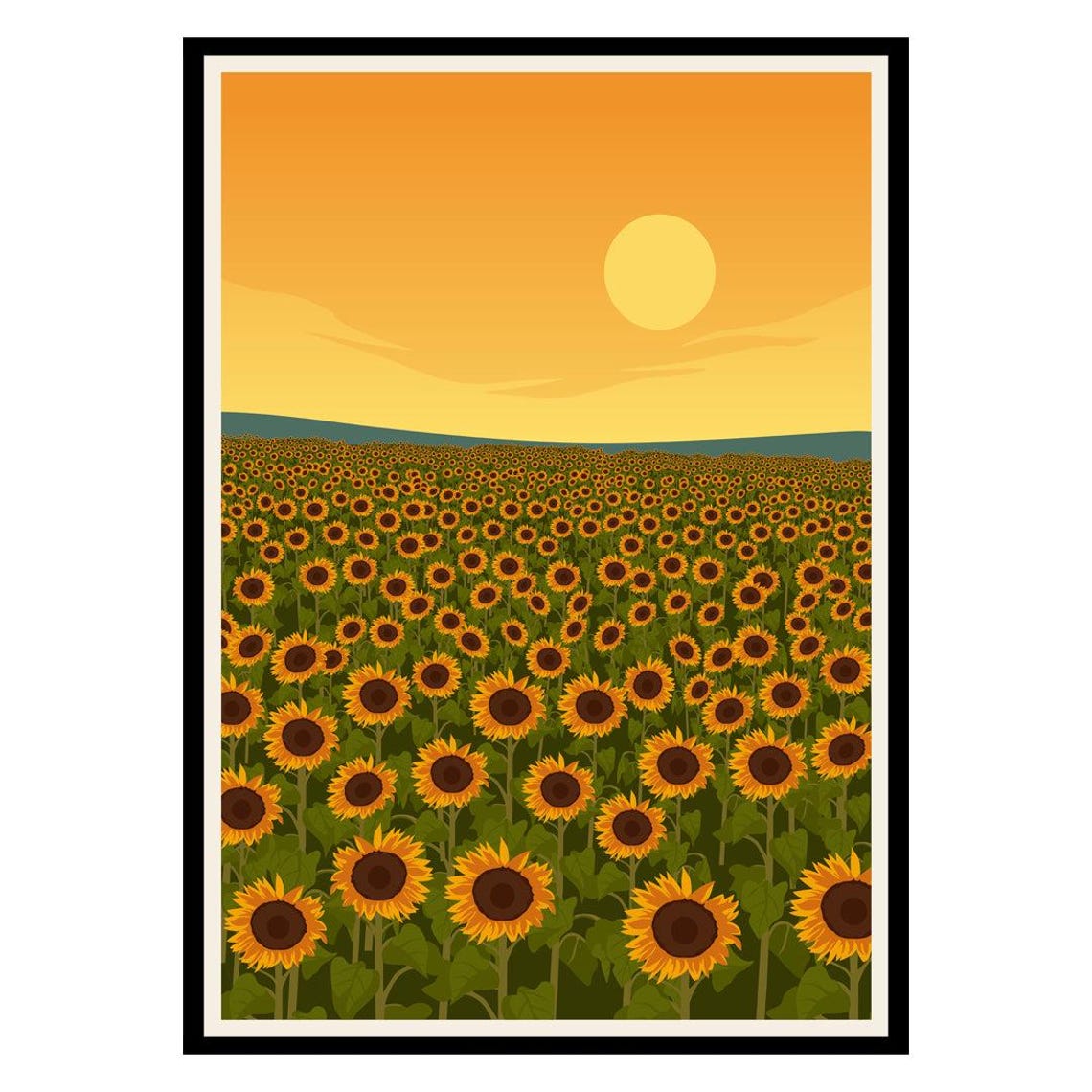 Sunflower Field Golden Sunset Blooming Meadow Nature Art Poster