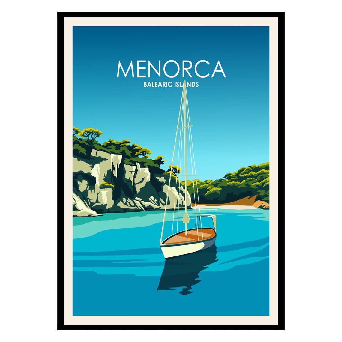 Menorca Balearic Islands Sailboat Cove Turquoise Travel Poster