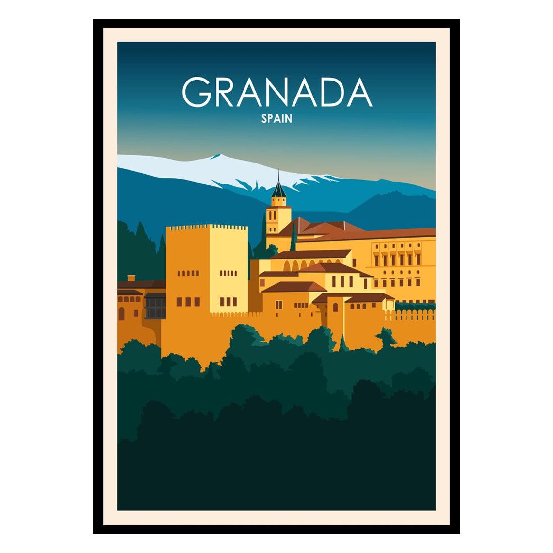 Granada Spain Travel Poster Alhambra Palace Snowy Sierra Nevada