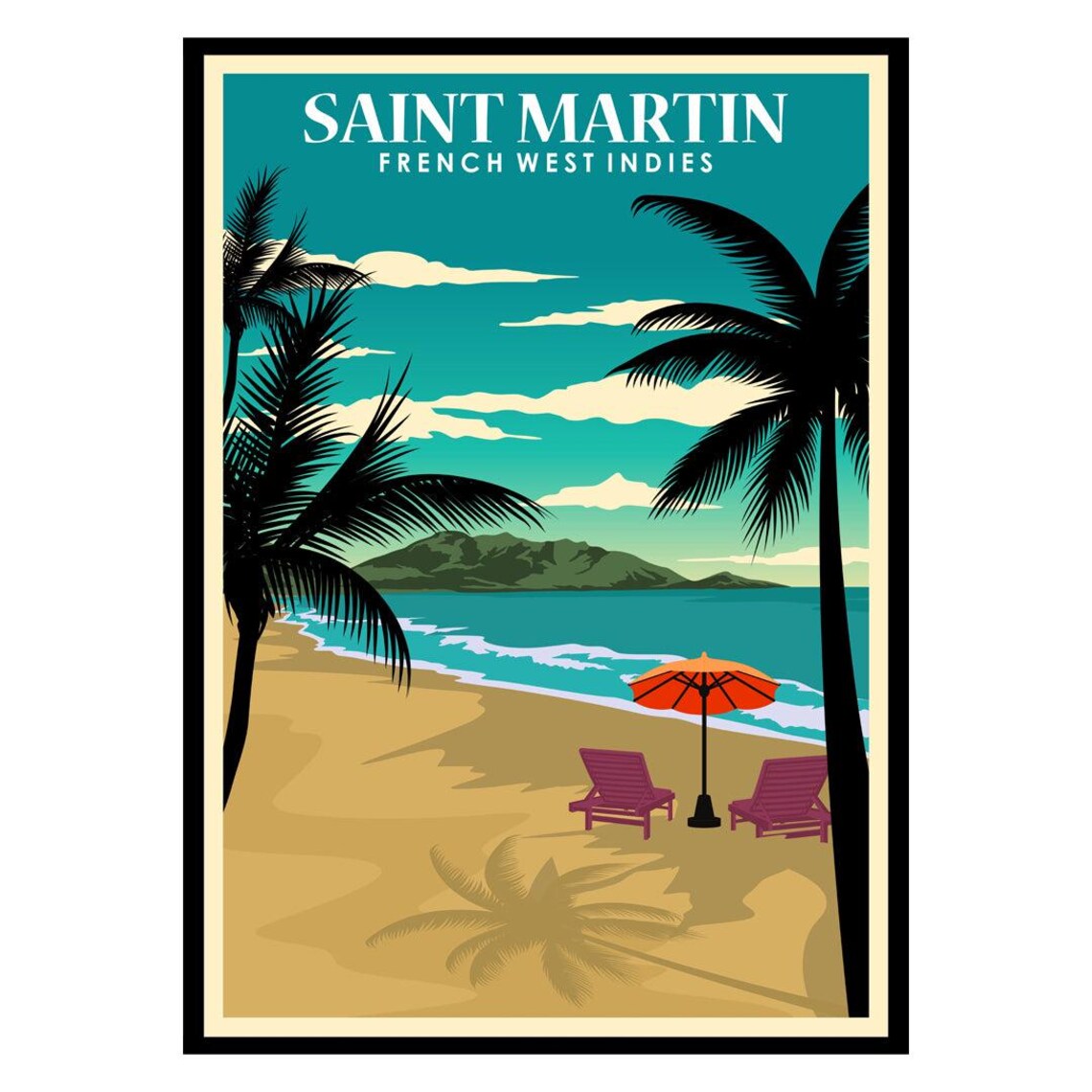 Saint Martin French West Indies Beach Palm Trees Vintage Travel Poster