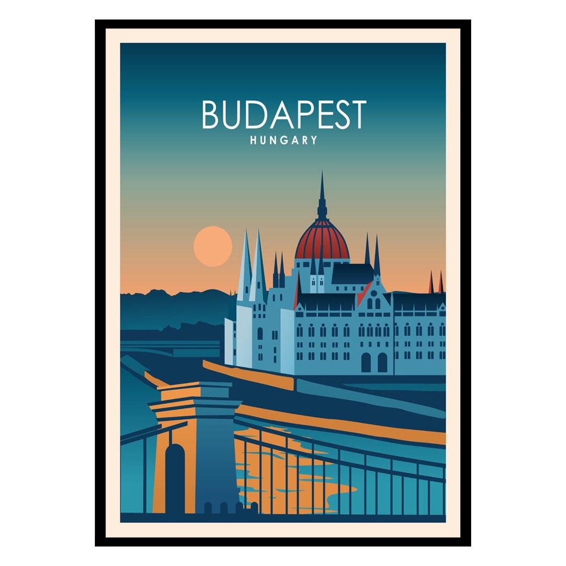 Budapest Hungary Vintage Travel Poster Parliament Sunset Cityscape