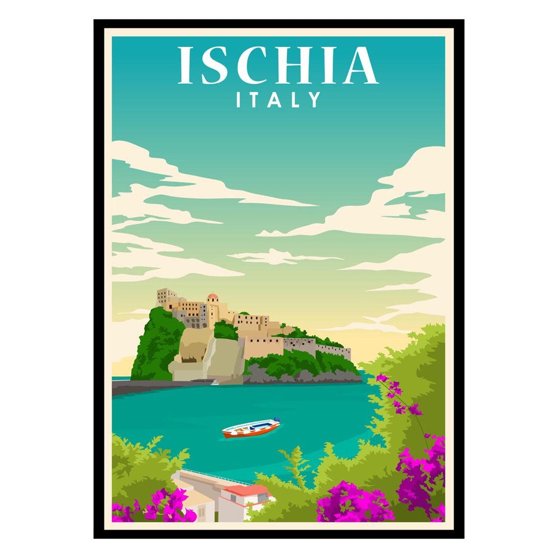 Ischia Italy Island Castle Vintage Travel Poster Turquoise Sea