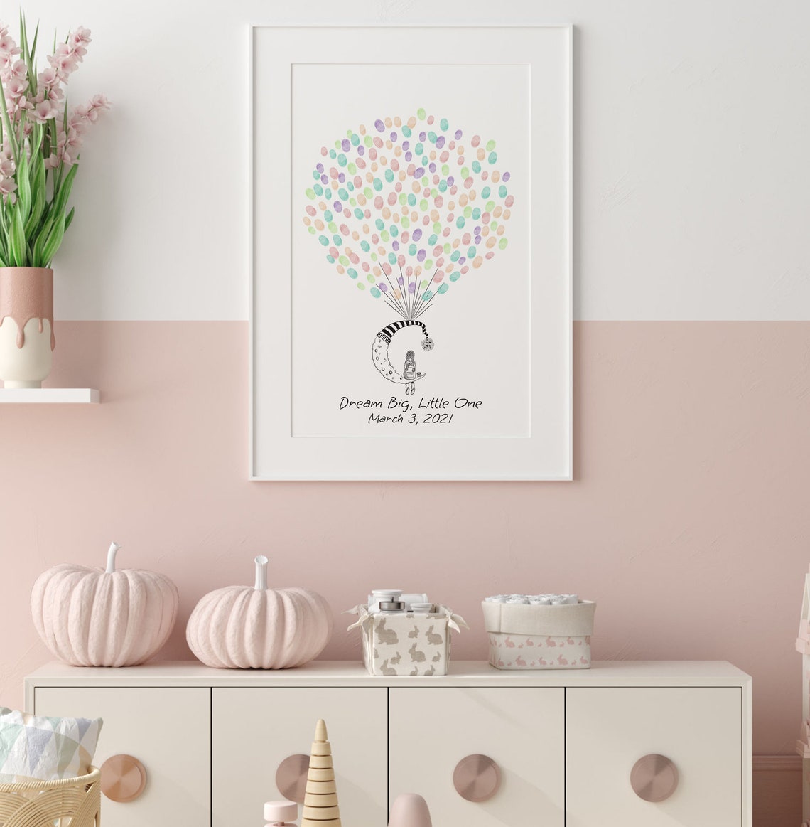 Girl On The Moon Guest Book Birthday Fingerprint Balloon Moon And Girl Thumbprint Book Baby Shower Guest Book - Image 3
