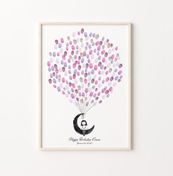 Moon Girl Sitting With Balloons Birthday Guest Book Keepsake Poster