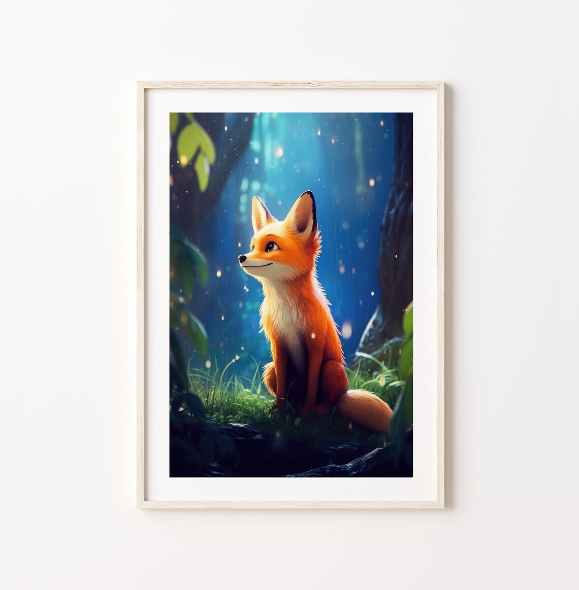 Cute Cartoon Fox in Rainy Moonlit Forest Magical Wildlife Print