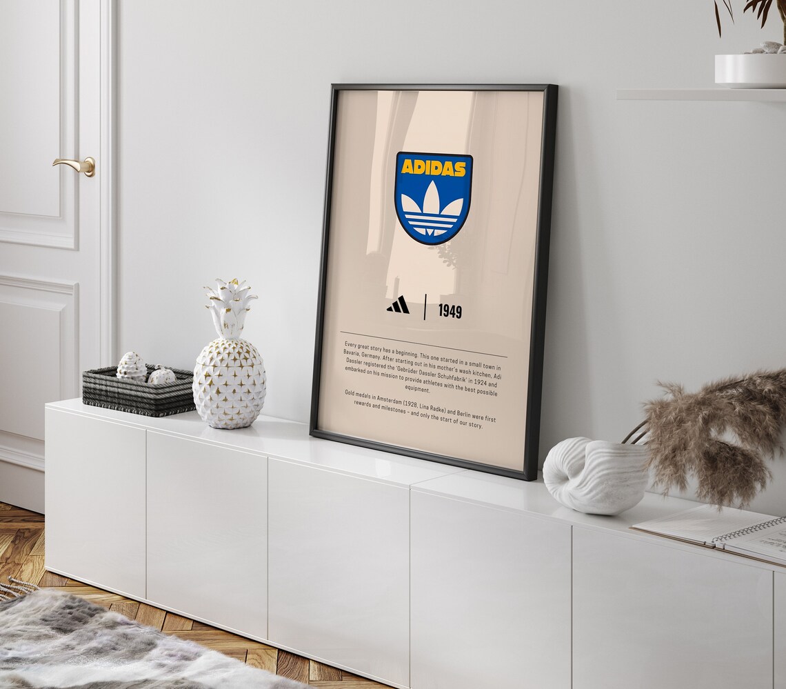Adidas 1949 Shield Logo Brand Story Retro Sneaker Streetwear Wall Art