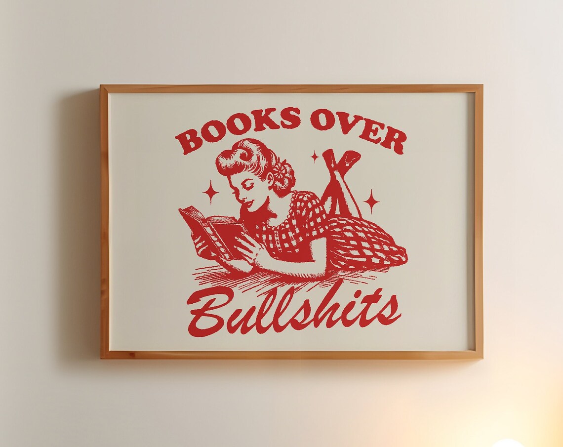 Books Over Bullshits Retro Reading Girl Funny Bookish Gift Poster - Image 5