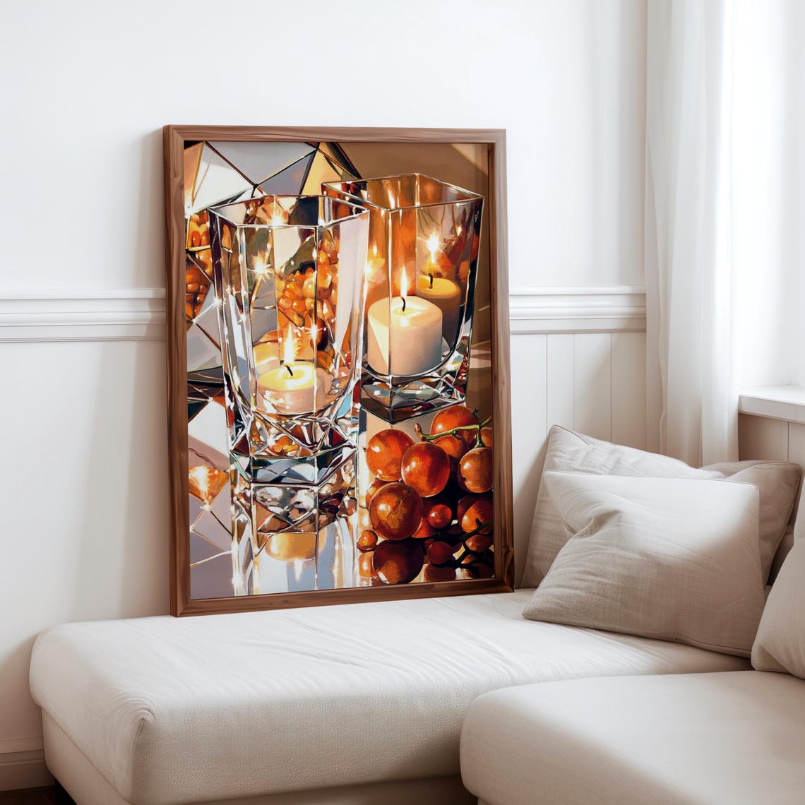 Faceted Crystal Tumblers Candles Oranges Still Life Art Print