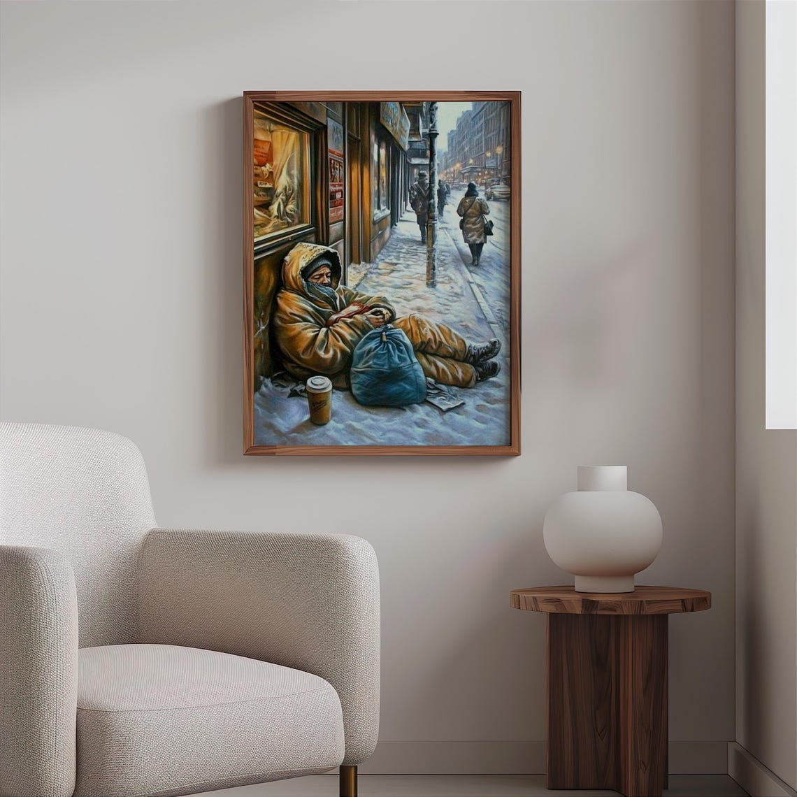 Homeless Man Sleeping Snowy Sidewalk Winter Night Art Poster - Image 2
