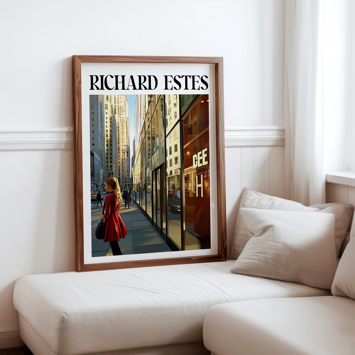 Richard Estes Woman Red Coat Glass Skyscraper Reflections Art Poster