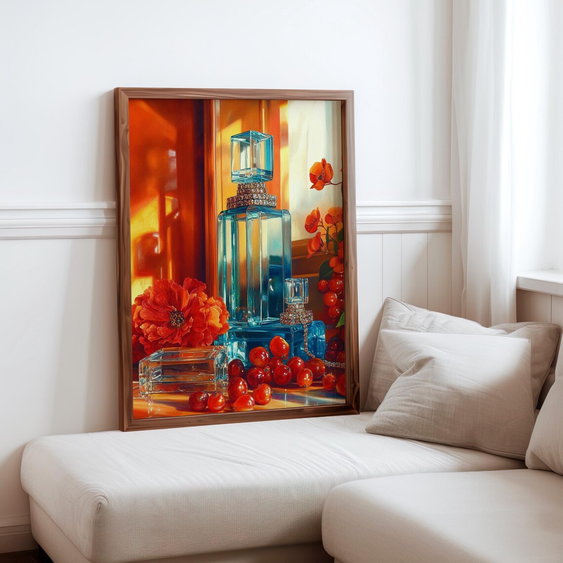 Turquoise Perfume Bottles with Orange Peony Still Life Poster
