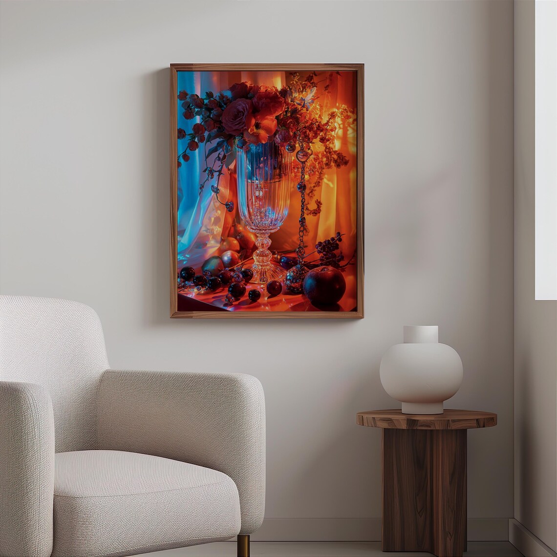 Crystal Vase Red Roses Blue Orange Glow Photorealism Still Life Poster - Image 2