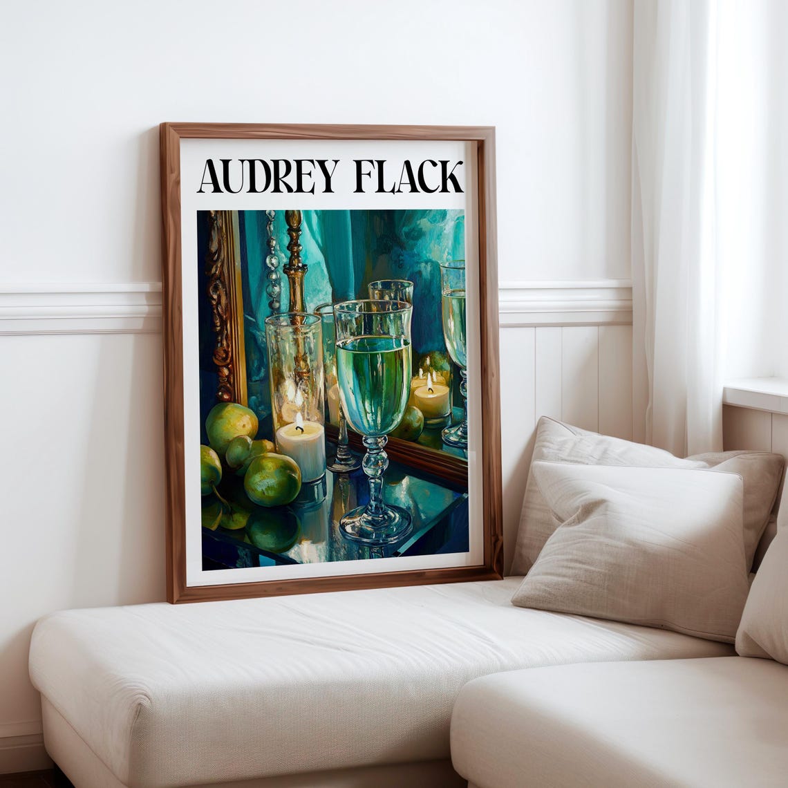 Audrey Flack Inspired Green Wine Glasses Apples Teal Light Poster