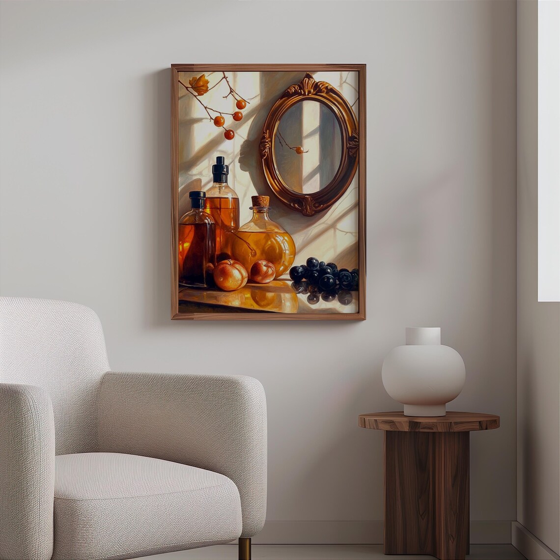 Amber Bottles Apples Gilt Oval Mirror Morning Still Life Print - Image 2