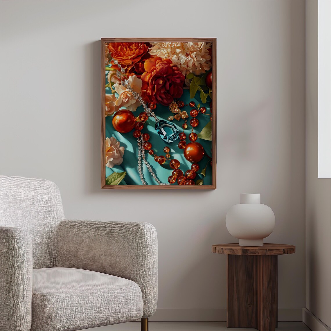 Roses Amber Beads Jewelry Teal Silk Luxurious Photorealism Art Poster - Image 2