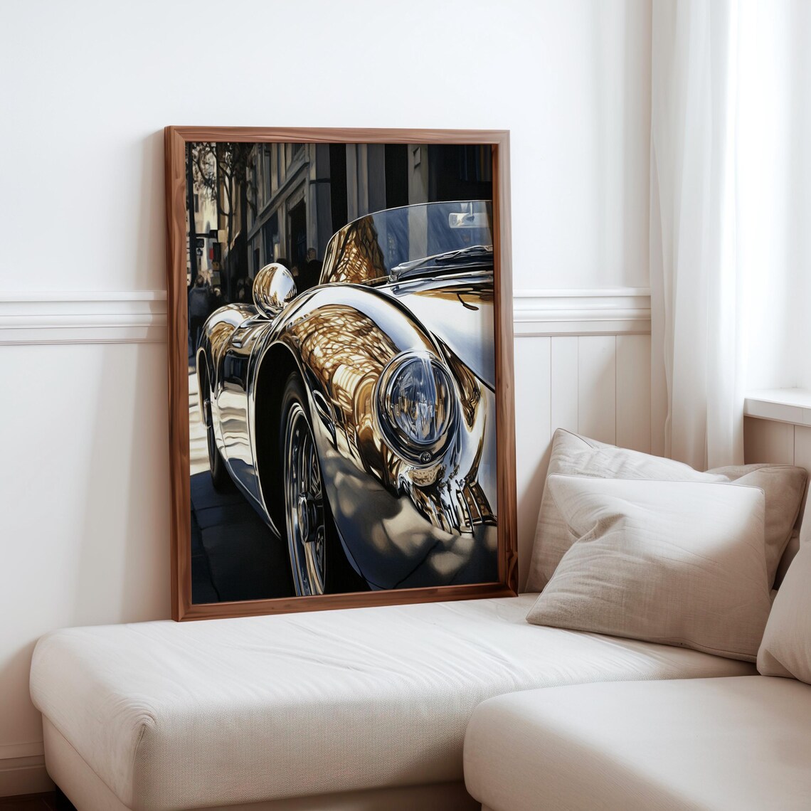Chrome Roadster Fender Headlight City Reflection Vintage Poster