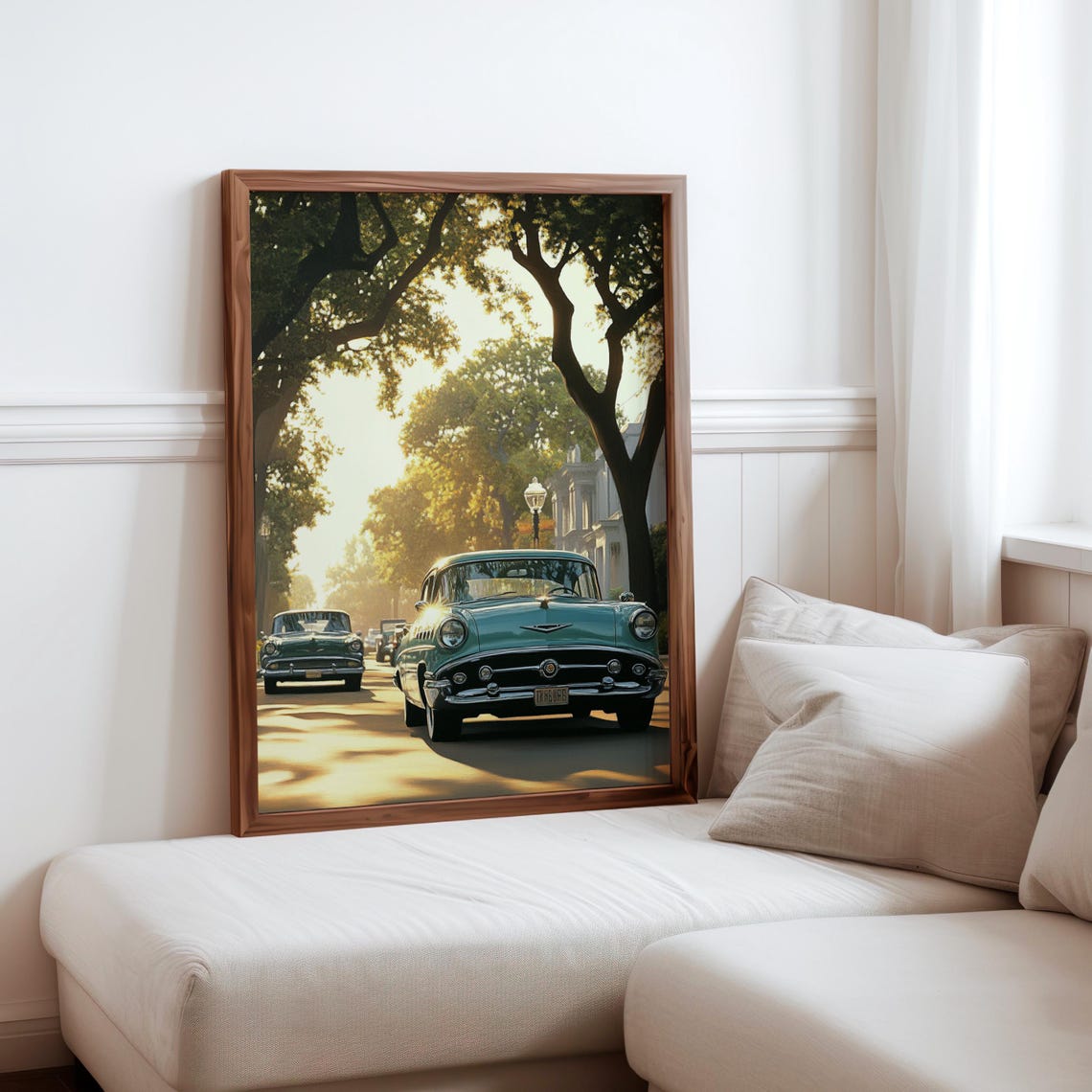 Turquoise Vintage Sedans Golden Sunset Tree Lined Boulevard Poster