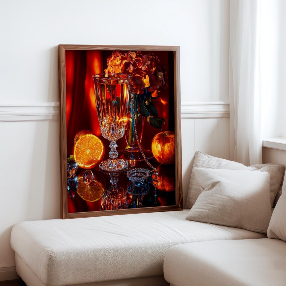 Champagne Flute Oranges Flowers Dark Reflective Photorealism Poster