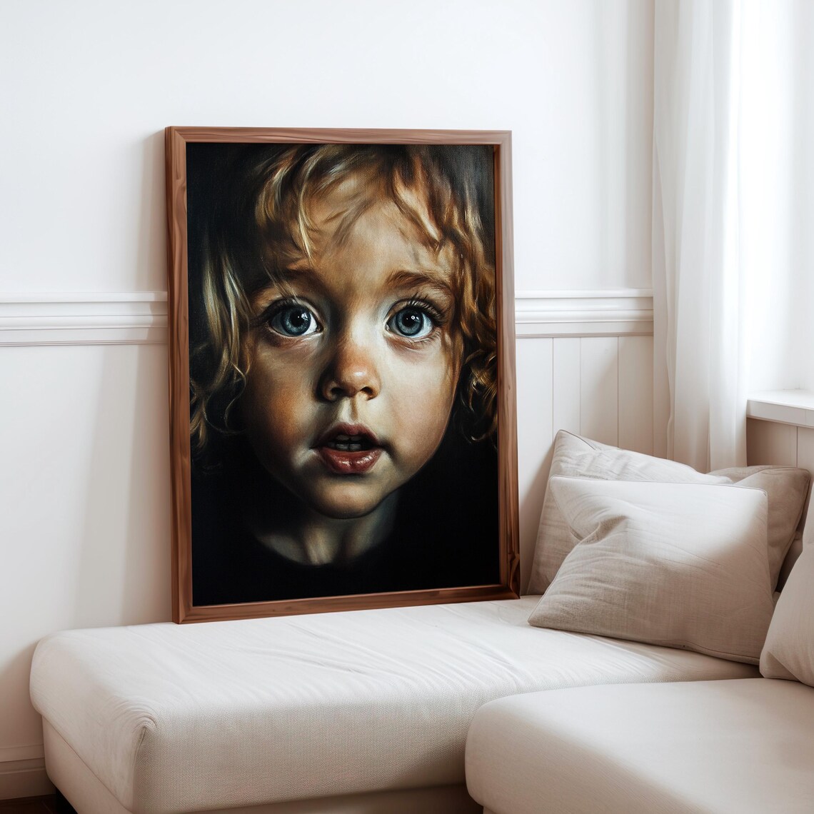 Curly Haired Toddler Big Blue Eyes Dark Background Portrait Print