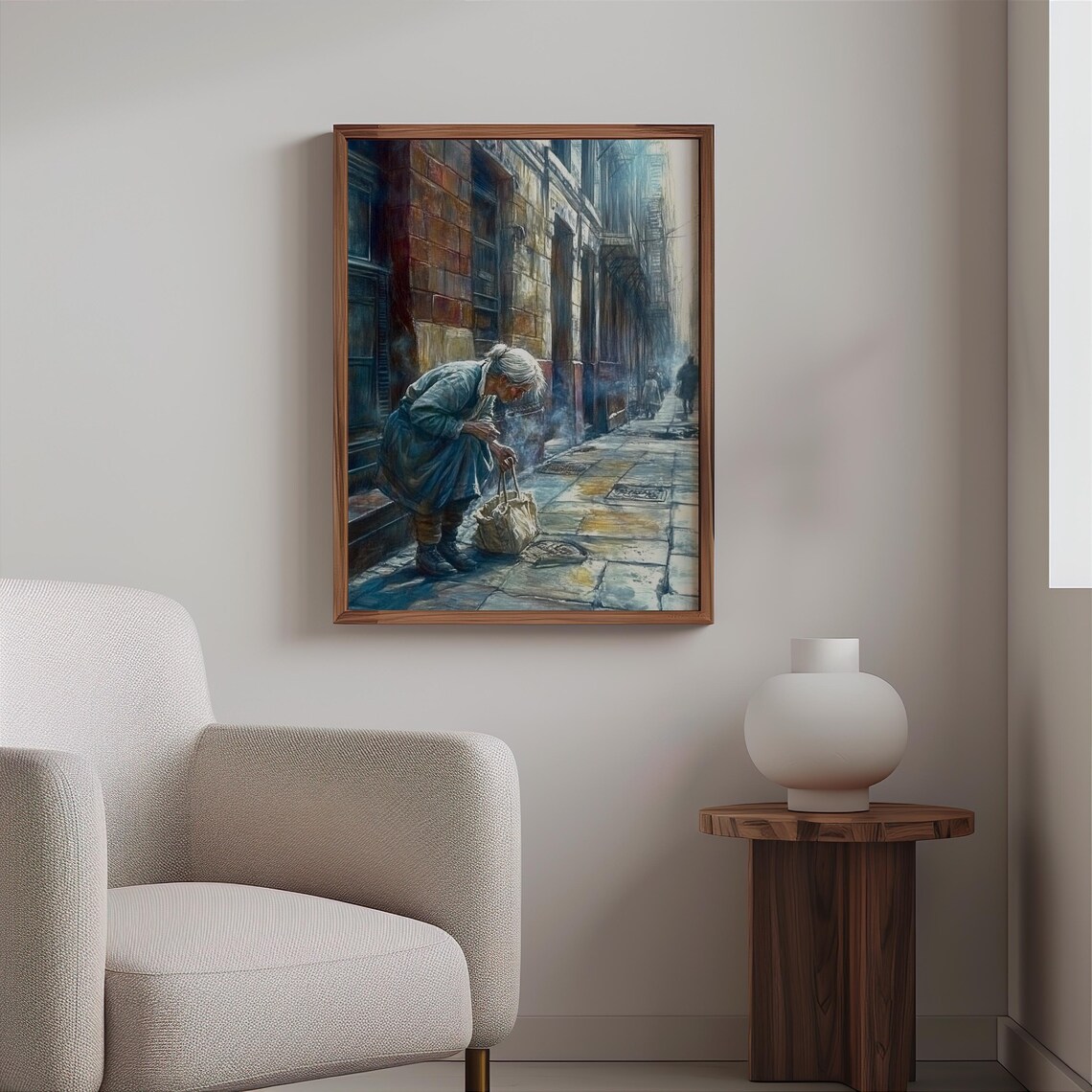 Elderly Woman Street Corner Wet Pavement Emotive Photoreal Art Poster - Image 2