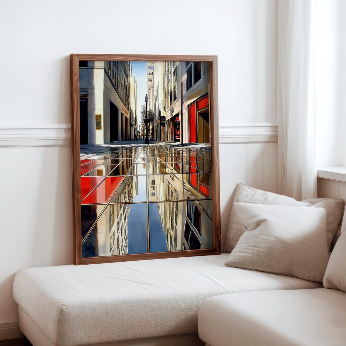 Photorealistic Red Storefront Street Reflective Glass Pavement Poster