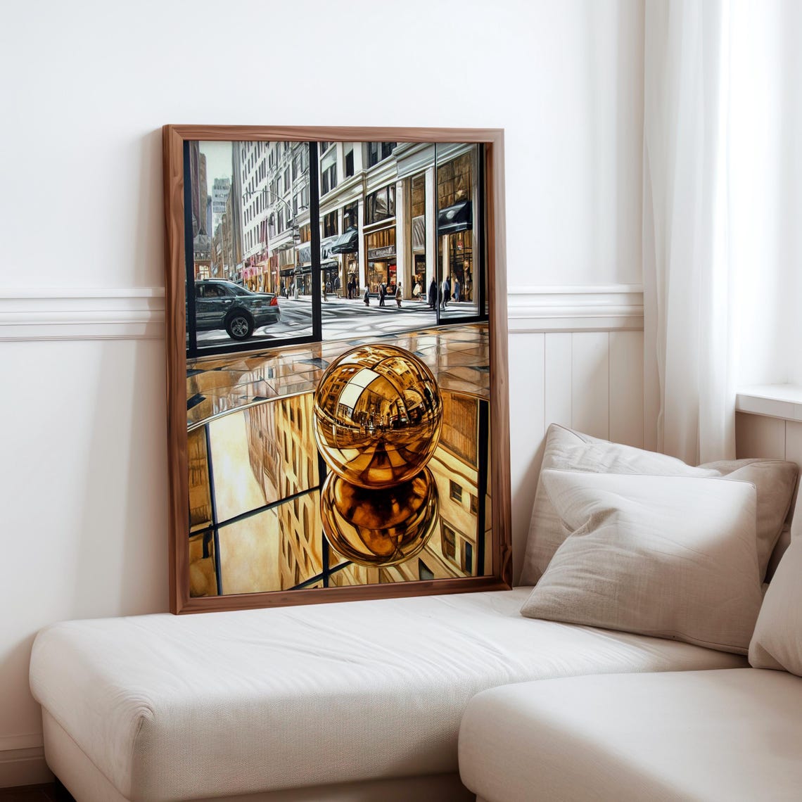 Photorealistic Golden Chrome Sphere Sculpture Storefront Poster