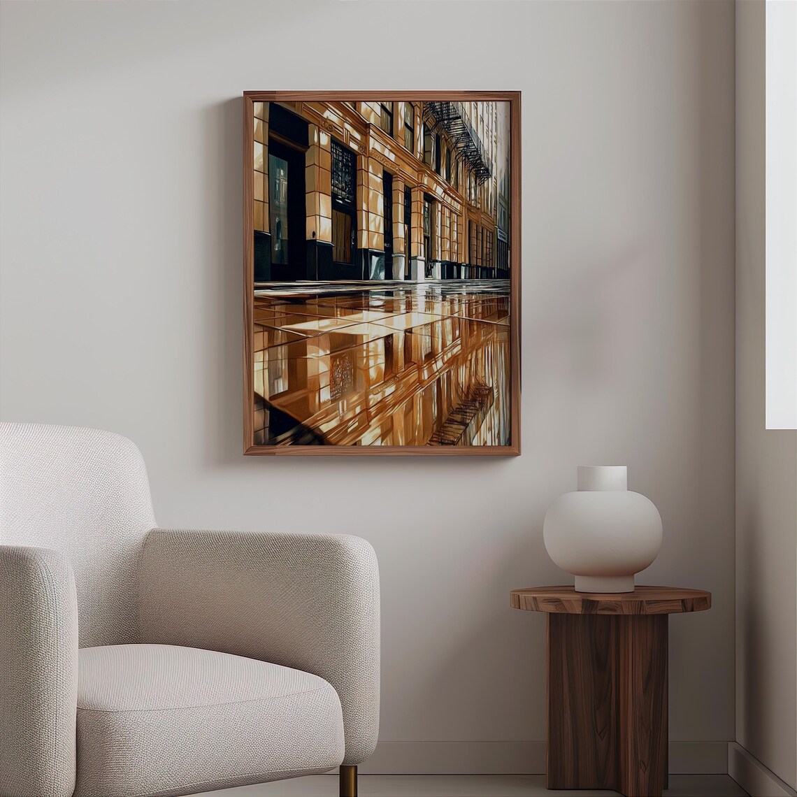 Photorealistic Golden Ornate Facade Fire Escape Wet Plaza Poster - Image 2