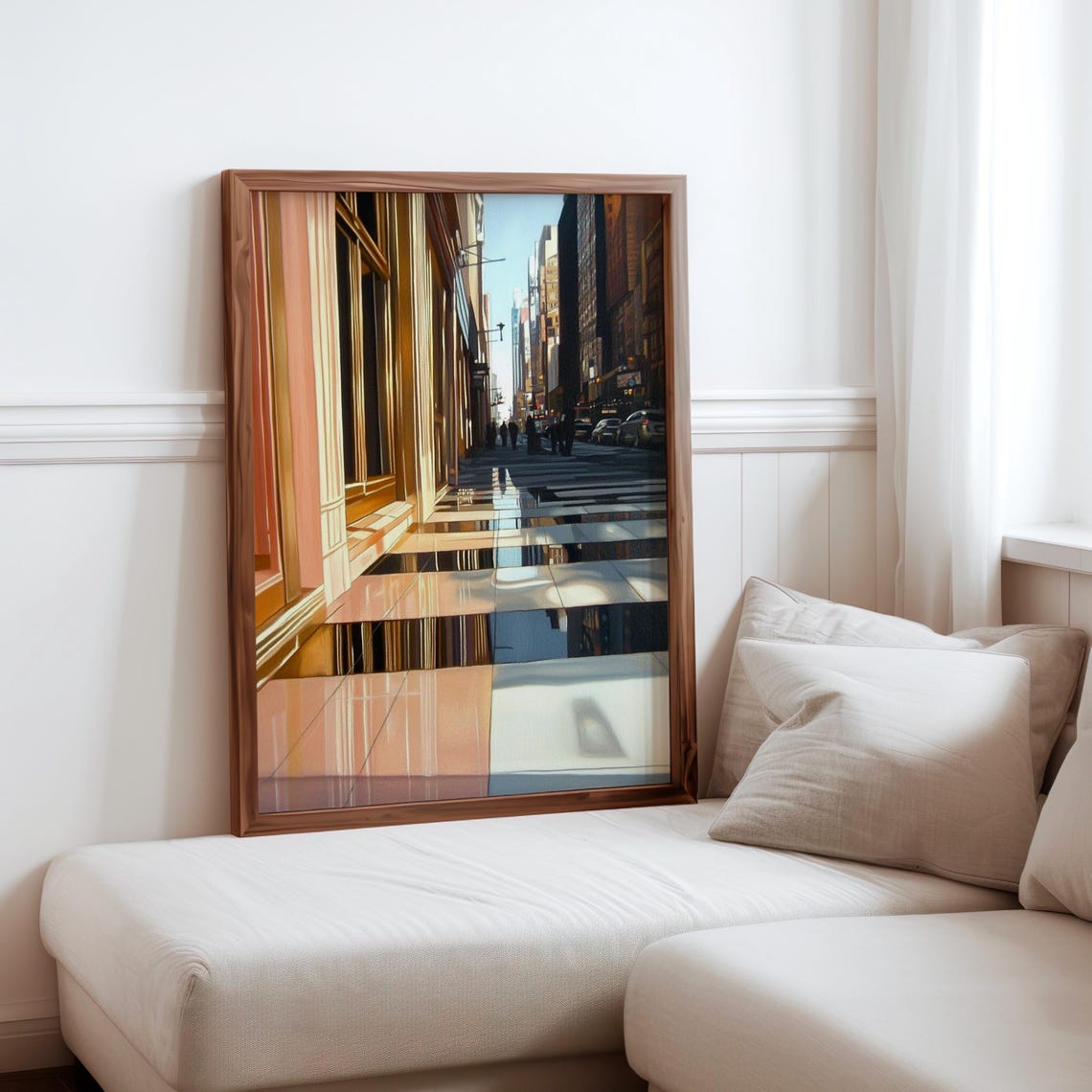 Photorealistic Sunlit Avenue Striped Shadows Golden Columns Poster