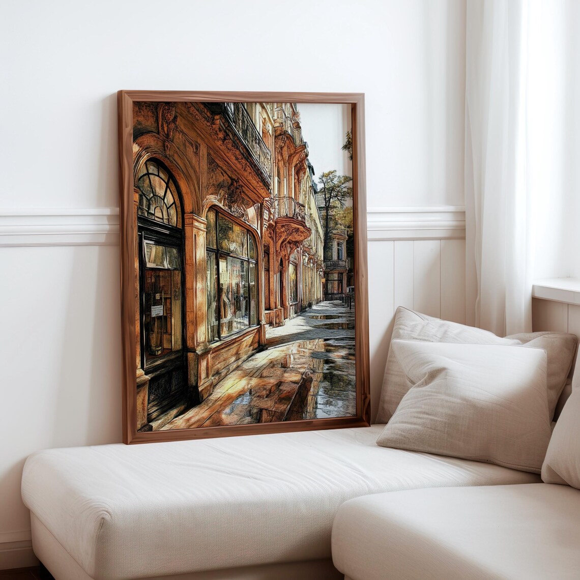 Paris Street Ornate Facade Wet Cobblestone Golden Sunlight Art Poster
