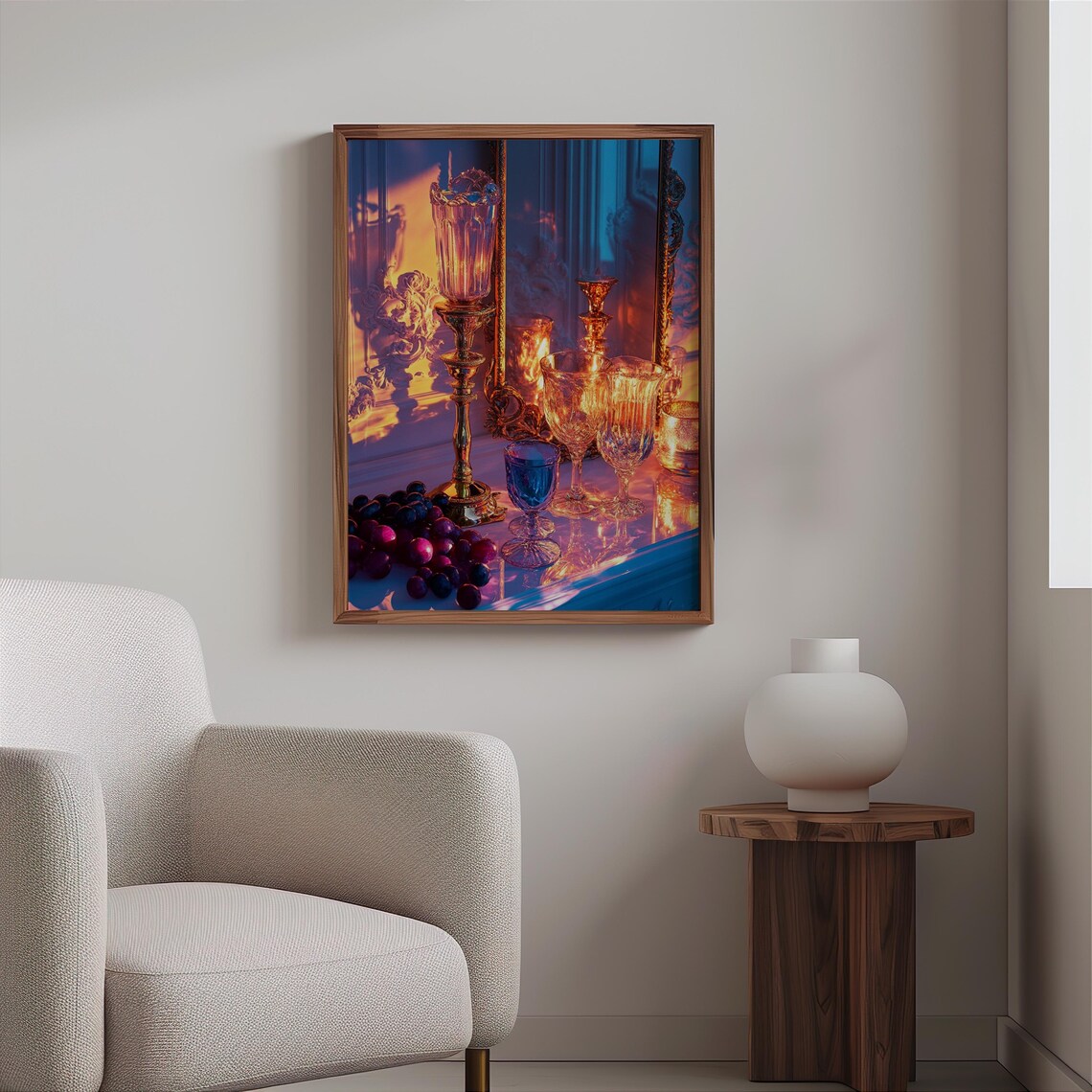 Golden Amber and Cobalt Still Life with Crystal Goblets Poster Art - Image 2
