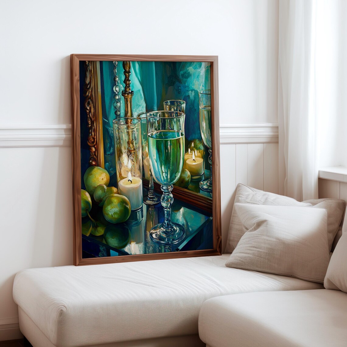 Turquoise Goblets and Pears Teal Candlelight Still Life Poster