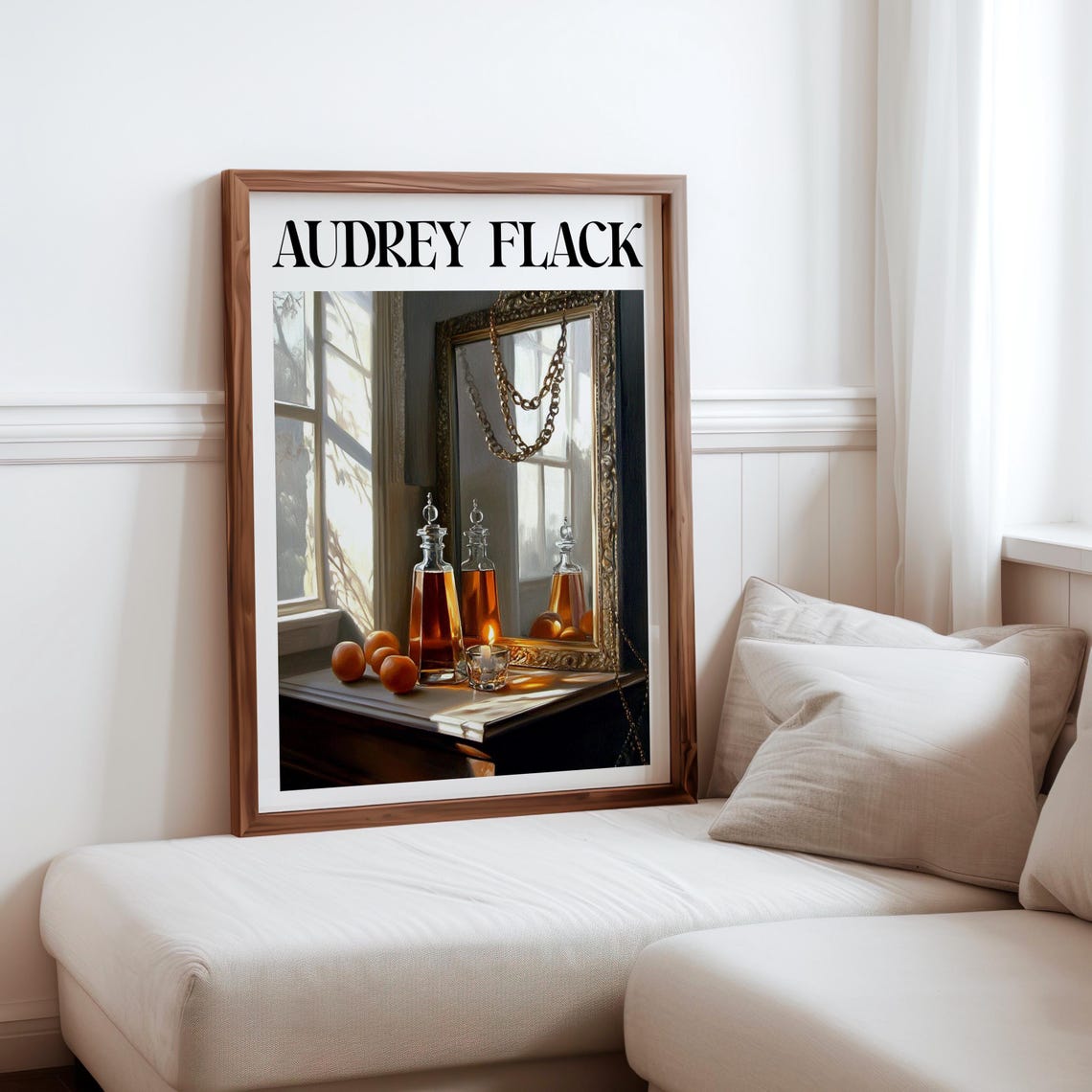 Audrey Flack Inspired Amber Decanters Windowsill Apricots Poster