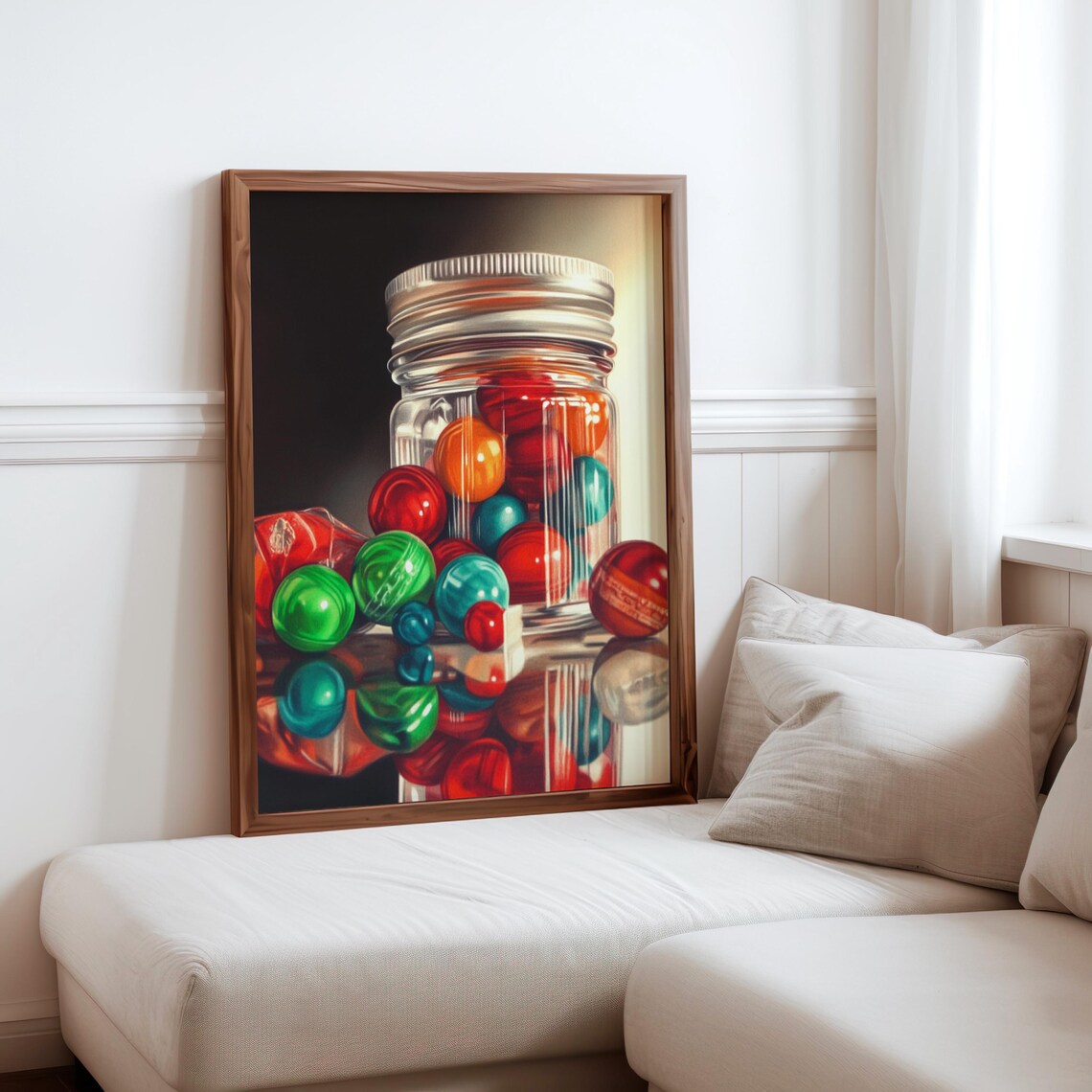 Mason Jar Red Green Gumballs Screw Lid Dark Photorealism Poster