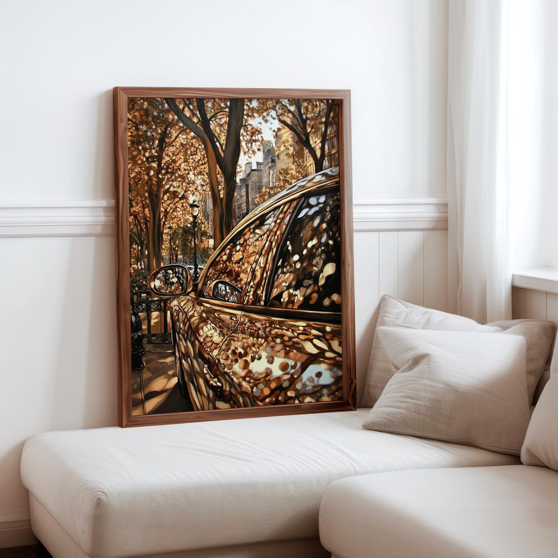 Car Window Autumn Tree Reflection City Street Golden Auto Poster