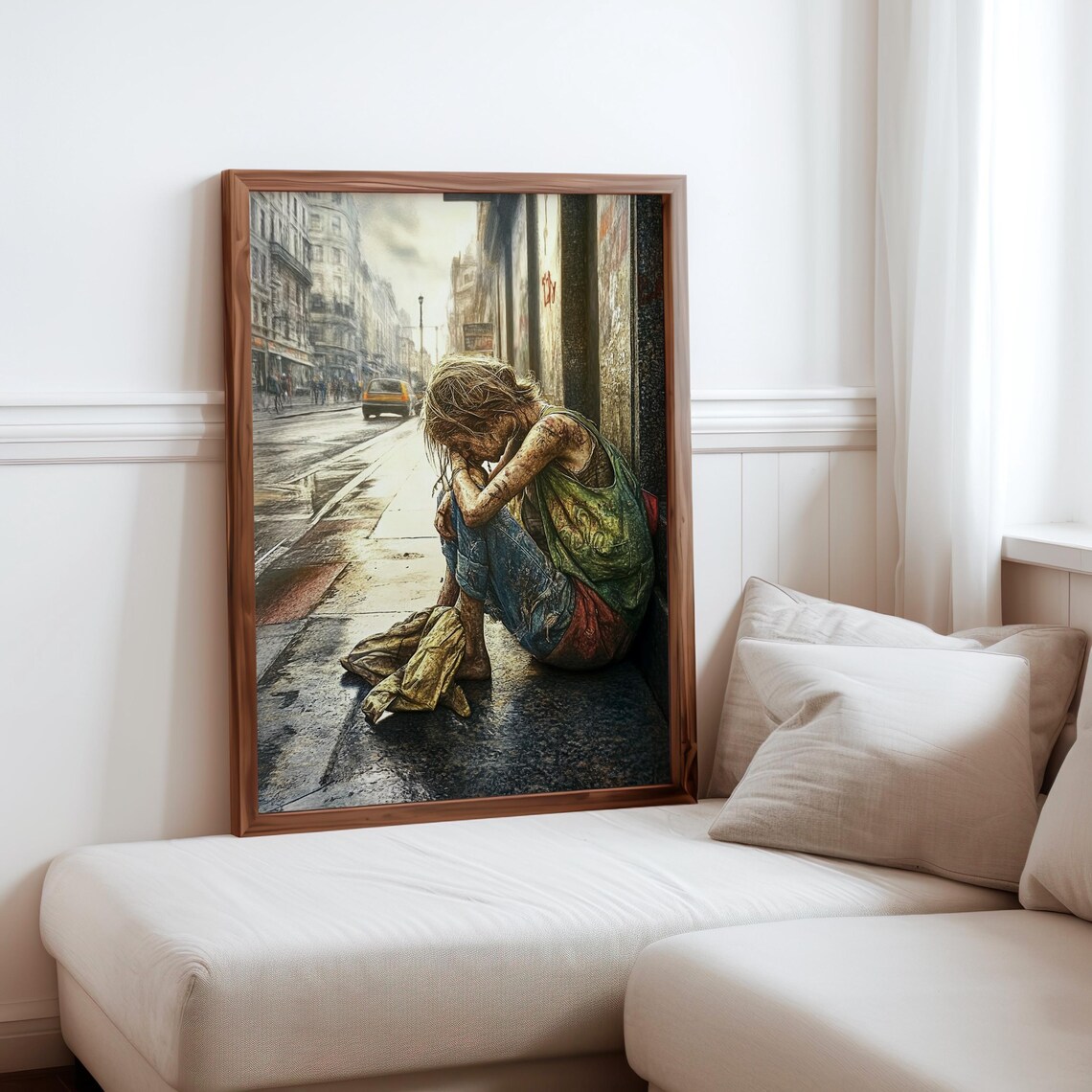 Weary Homeless Person Sitting Wet Sidewalk Taxi Street Art Poster