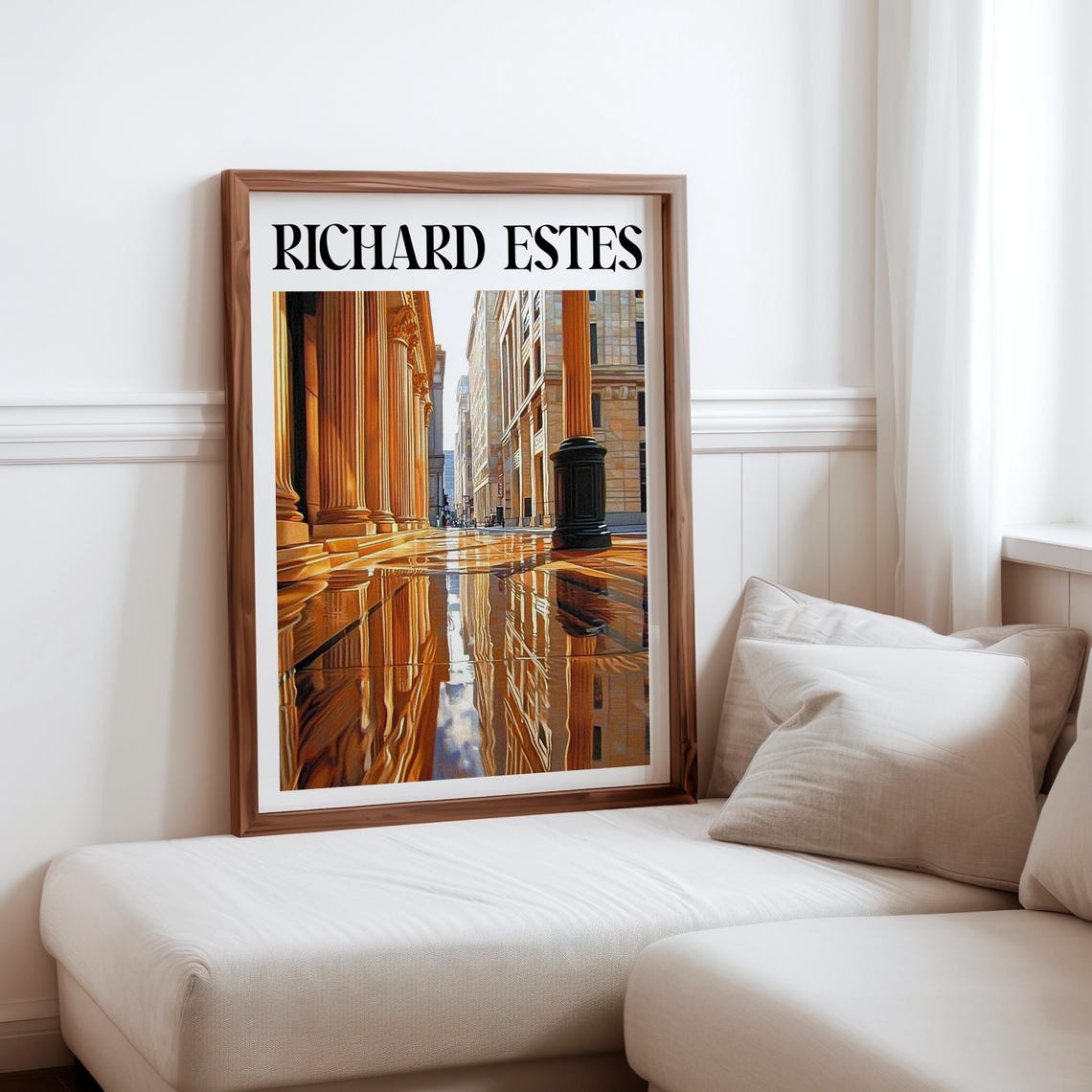 Classical Columns Wet Pavement Mirror Photorealism Golden City Poster