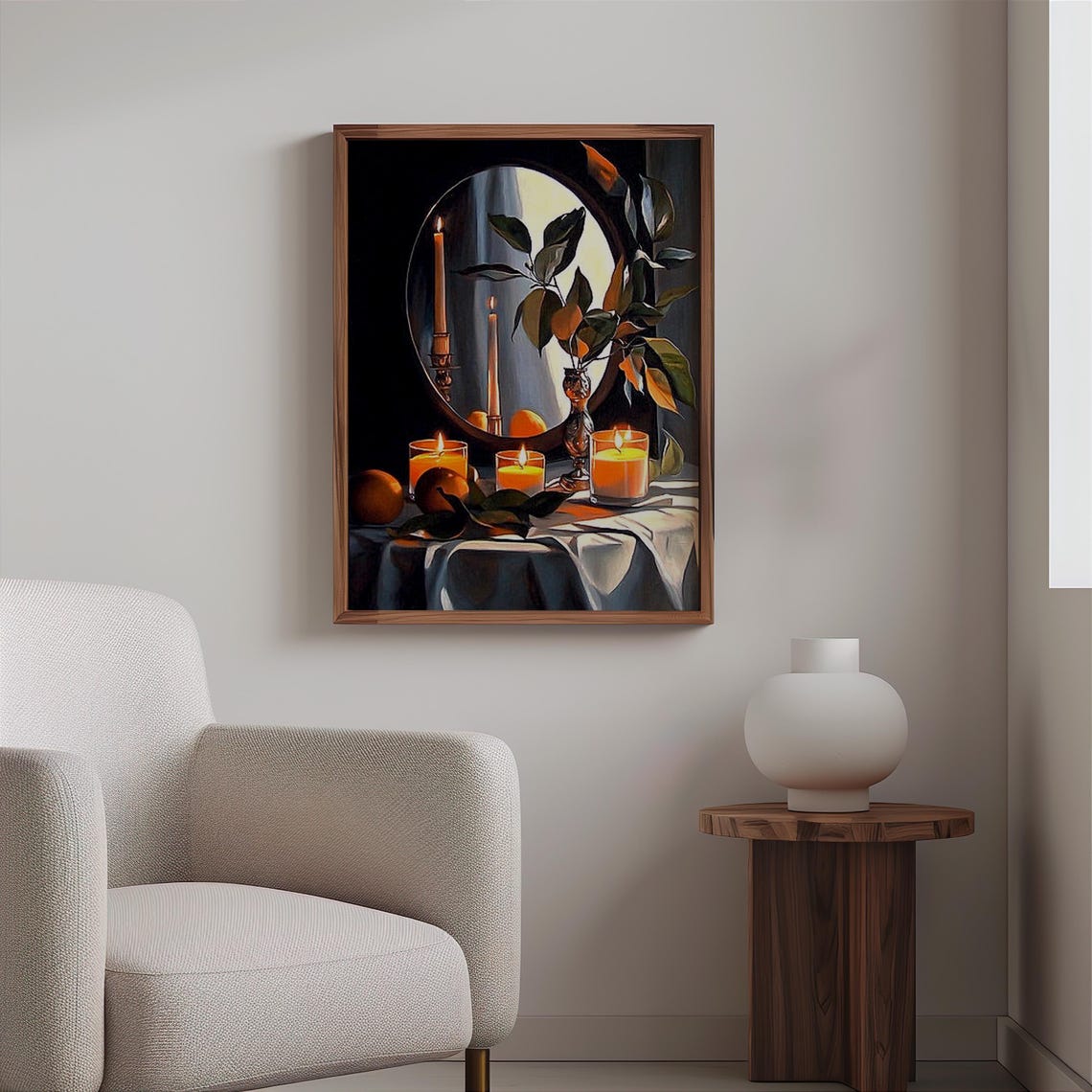 Candlelit Oval Mirror with Oranges Night Still Life Poster Art - Image 2