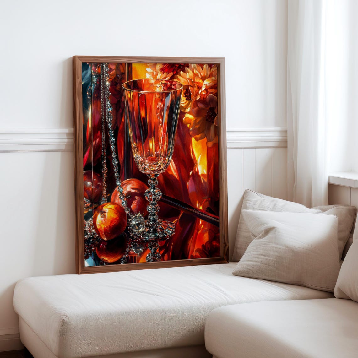 Cut Glass Goblet Amber Fruit Beaded Chains Fiery Photorealism Poster