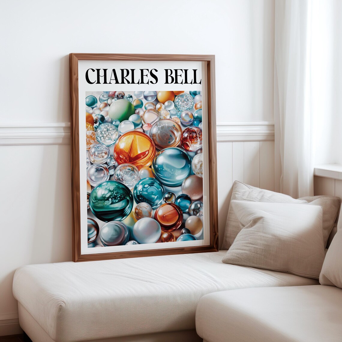 Charles Bell Colorful Scattered Glass Marbles Teal Orange Art Poster