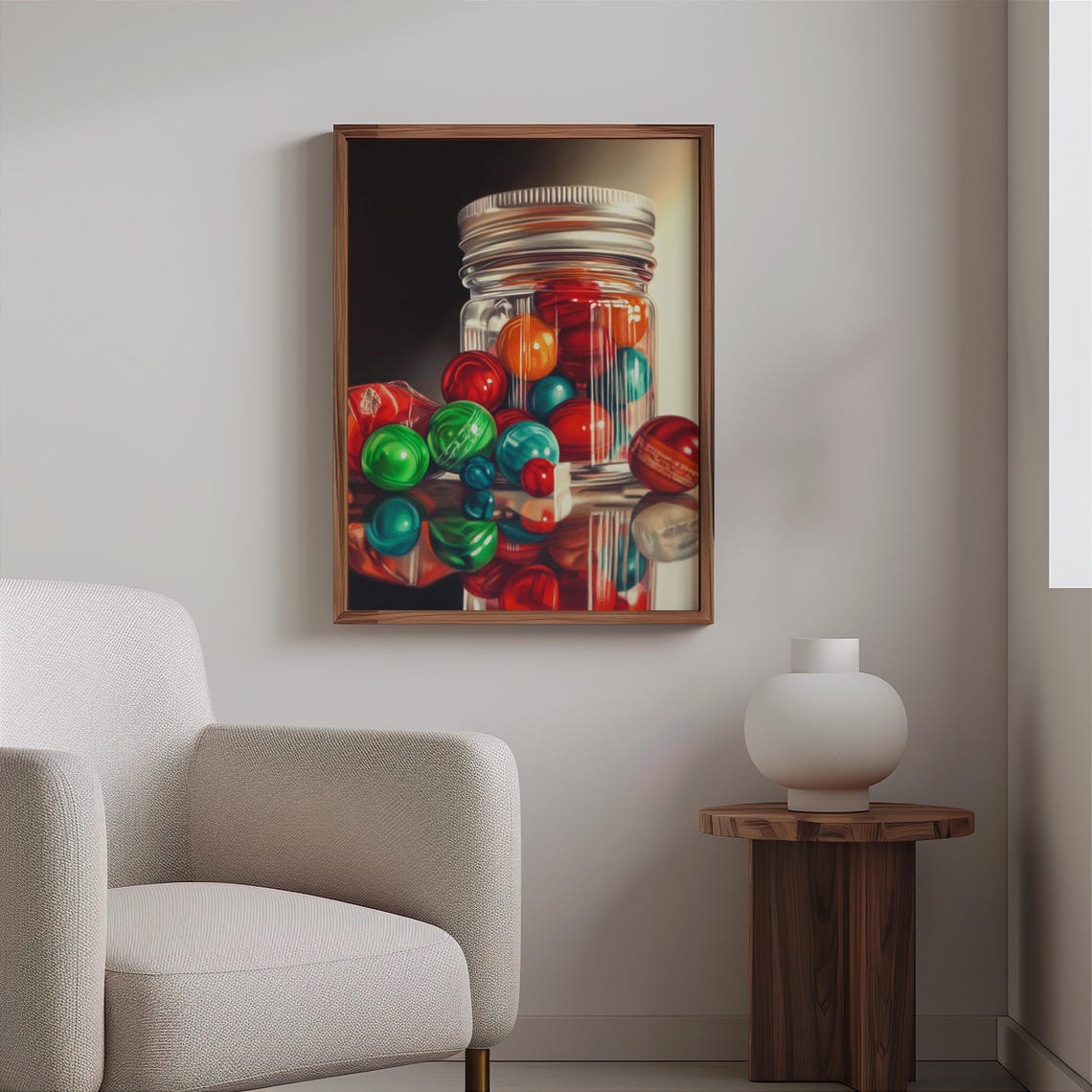 Mason Jar Red Green Gumballs Screw Lid Dark Photorealism Poster - Image 2