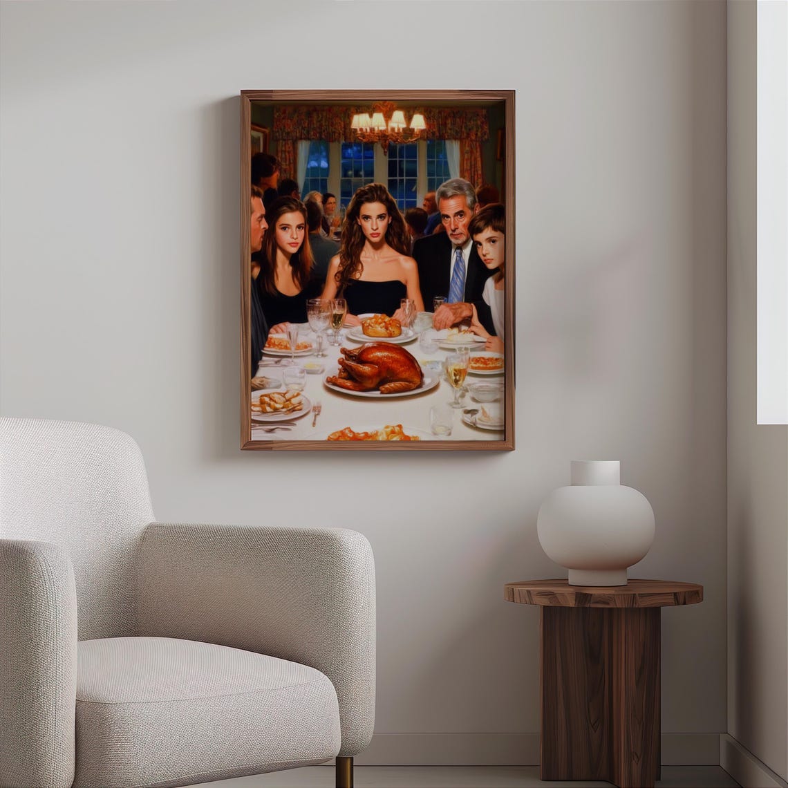 Formal Family Dinner Roast Turkey Chandelier Night Window Poster - Image 2