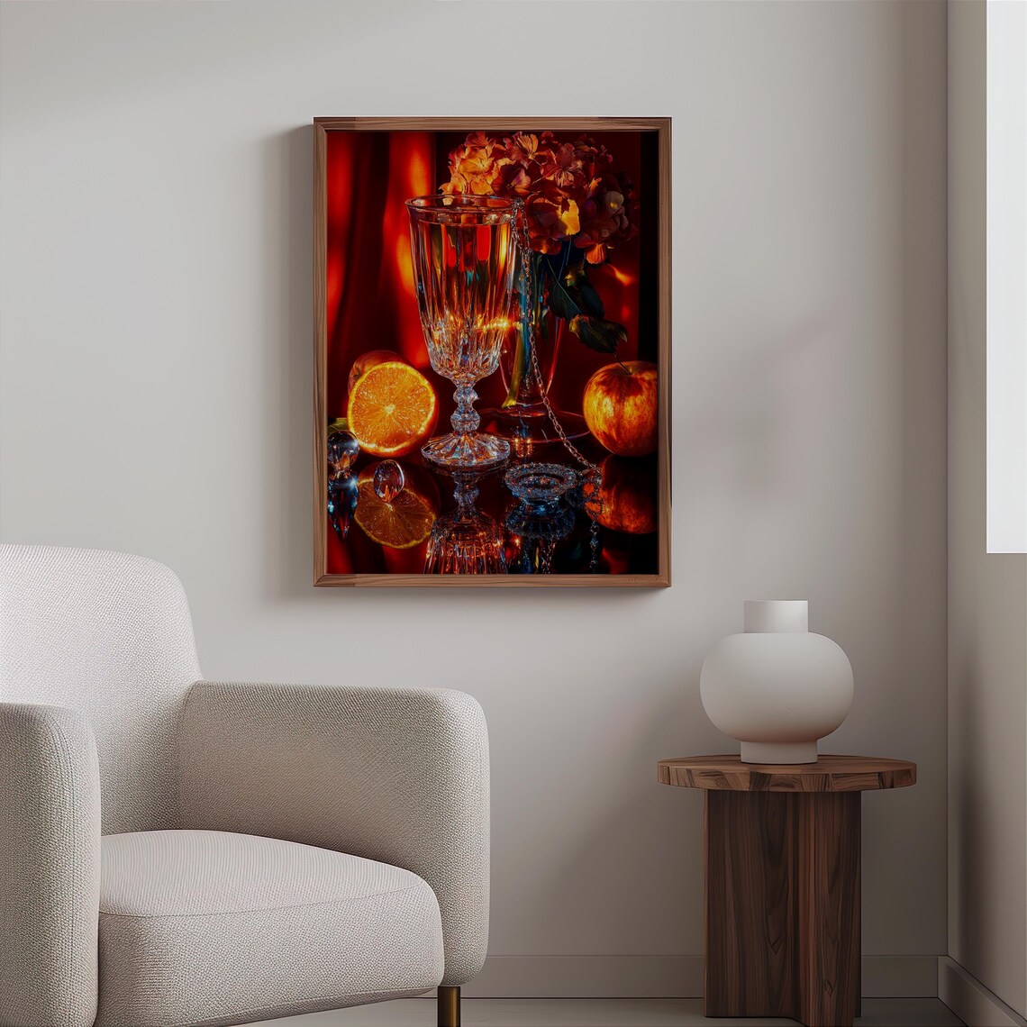 Champagne Flute Oranges Flowers Dark Reflective Photorealism Poster - Image 2