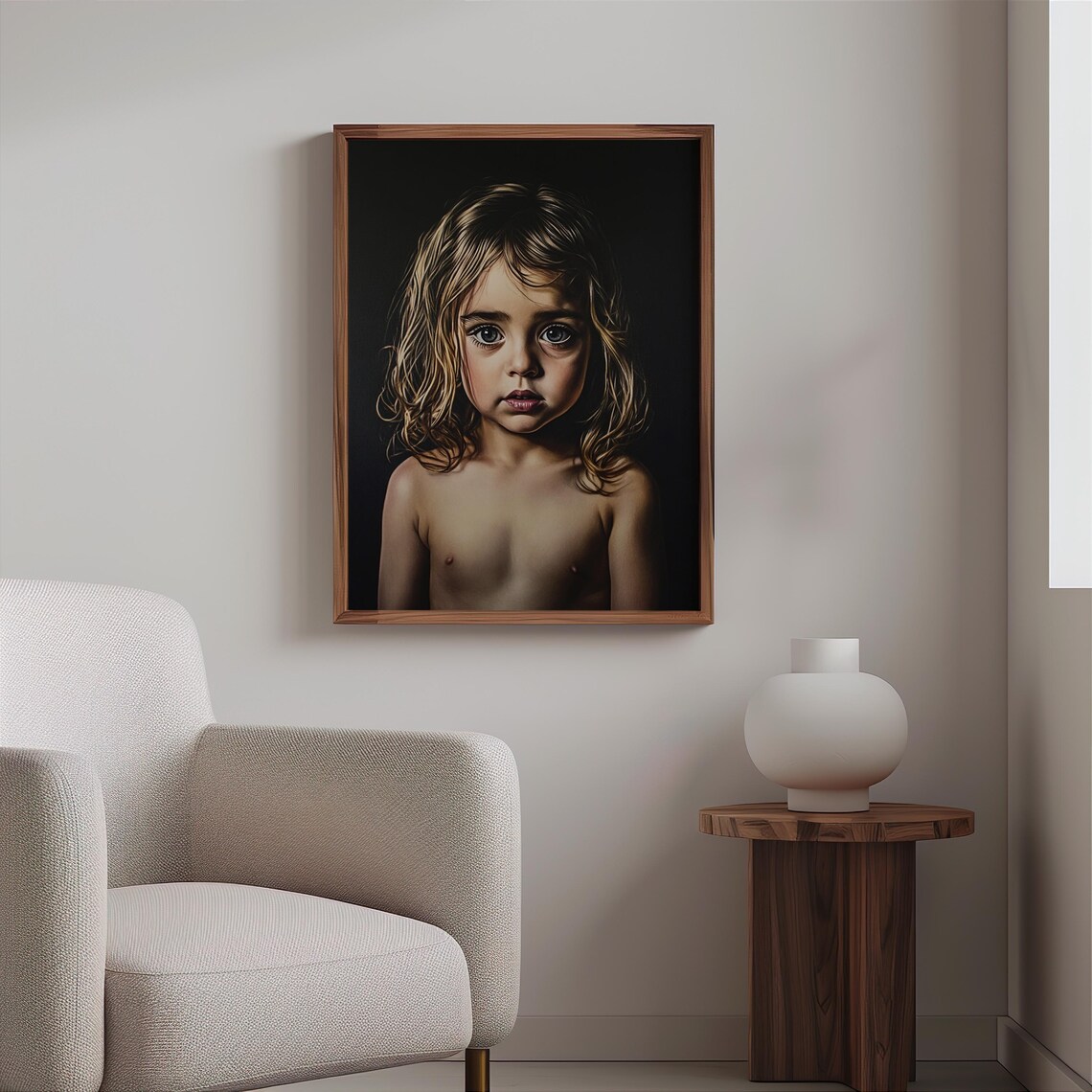 Curly Haired Young Girl Wide Eyes Black Background Portrait Print - Image 2